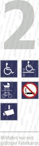 Infofeld 2. Klasse,Rollstuhl, Einstiegshilfe für Rollstuhlfahrer / Hublift, Kinderwagen/ Fahrrad (Mehrzweck), Nichtraucher/Rauchverbot, Kameraüberwachtmit Text „Mitfahrt nur mit gültiger Fahrkarte“z.B. (ET425 Redesign BaWü)