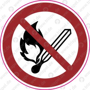 Keine, offene Flamme; Feuer, offene Zündquelle und Rauchen verboten bzw. Feuer, offenes Licht und Rauchen verboten Durchmesser 100 mmSymboldarstellung nach DIN EN ISO 7010 (P003)