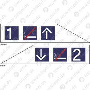 Fahrgastinfo, doppelseitig, Vorderseite: Klassenzahl 1, Nichtraucher, Richtungspfeil oben, Rückseite: Richtungspfeil unten, Nichtraucher, Klassenzahl 2