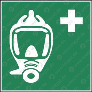 Atemschutzmaske, Brandschutzhaube bzw. Fluchtretter nach DIN EN ISO 7010-E029Vollgesichtsmaske mit Atemregler + Erste Hilfe Kreuz