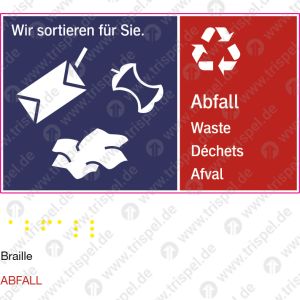 Abfallbehälter „Wir sortieren für Sie“ mit Text - viersprachig, D, E, F, NLBraille