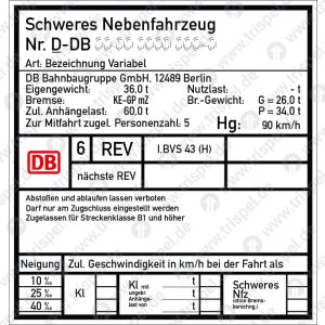 Anschriftentafel: Schweres Nebenfahrzeug Nr. D-DBMP XX XX XX-X“diverse Eindrucke variabel”... auf 3 mm Aluverbundplatte Bohrung optional