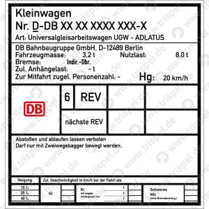 Anschriftentafel: Kleinwagen Nr. D-DB XX XX XXXX XXX-X auf 3 mm Aluverbundplatte mit 6 Bohrlöchern ø 4,5 mmSonderlayout, abweichend zu der sonstigen Ausführung für Hanau