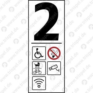 Infofeld 2. Klasse, Rollstuhl, Nichtraucher, Mehrzweck (Kinderwagen/Fahrrad), Kameraüberwacht, WLANFormat:Einzelpiktogramme 100 x 100 mm