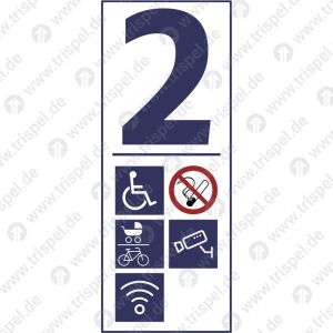 Infofeld 2. Klasse, Rollstuhl, Nichtraucher, Mehrzweck (Kinderwagen/Fahrrad), Kameraüberwacht, WLANFormat:Einzelpiktogramme 100 x 100 mm