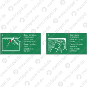 Notausstiegfenster mit Nothammer4-sprachig: D, E, F, DKDoppelpiktogramm
