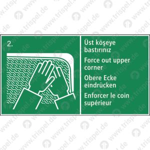 Notausstiegfenster. Obere Ecke eindrücken - 4-sprachig TR, E, D, F -langnachleuchtend-