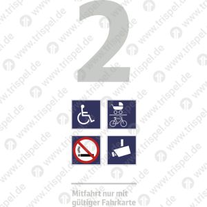 Infofeld 2. Klasse, Rollstuhl, Mehrzweck, Rauchverbot, Kameraüberwacht mit Text „Mitfahrt nur mit gültiger Fahrkarte“