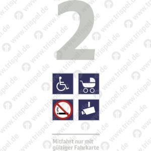 Infofeld 2. Klasse, Rollstuhl, Kinderwagen, Nichtraucher, Kameraüberwacht mit Text „Mitfahrt nur mit gültiger Fahrkarte“