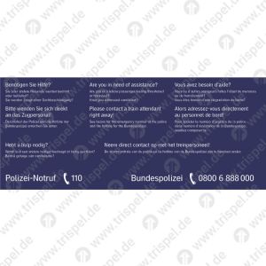 Aufmerksamkeit zahlt sich aus!Sie oder andere Reisende werden bedroht oder belästigt? Sie werden Zeuge einer Sachbeschädigung?...BPOL / Bundespolizei4-sprachig D, E, F, NL