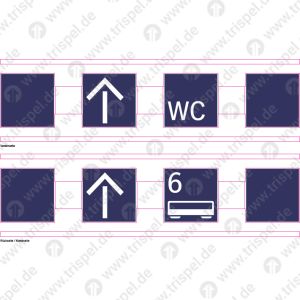 Sicherheitsstreifen / Durchlaufschutz -inkl. VS Pfeil nach oben, WCRS Pfeil nach oben, Wagen 6 / jeweils 4 Quadrate, 2 Symboledoppelseitig Einsatz Stadler KISS