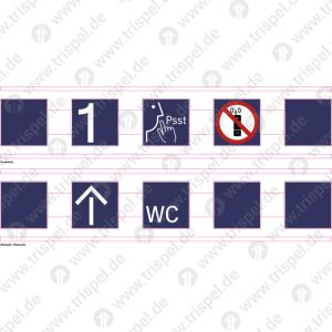 Sicherheitsstreifen / Durchlaufschutz -inkl. Klassenzahl 1 / RS Pfeil nach oben, WC, Ruhebereich, Handyverbot5 Quadrate, 5 Symboledoppelseitig Einsatz Stadler KISS