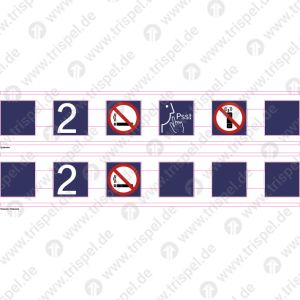 Sicherheitsstreifen / Durchlaufschutz -inkl. Klassenzahl 2 / Nichtraucher, Ruhebereich, Handyverbot6 Quadrate, 6 Symboledoppelseitig Einsatz Stadler KISS