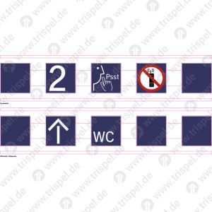 Sicherheitsstreifen / Durchlaufschutz -inkl. Klassenzahl 2 / RS Pfeil nach oben, WC, Ruhebereich, Handyverbot5 Quadrate, 5 Symboledoppelseitig Einsatz Stadler KISS