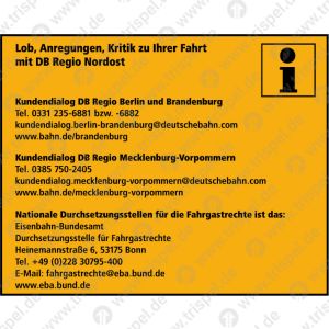 Lob, Anregungen, KritikKundendialog DB Regio Berlin und Kontakdaten EBAEinsatz VBBauch im FEX Fahrzeug