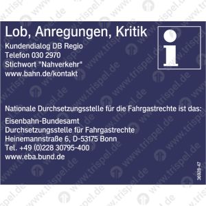 Lob, Anregungen, KritikKundendialog DB Regio und Kontakdaten EBA(nur für den Innenbereich)