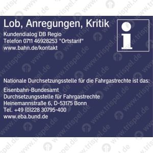 Lob, Anregungen, KritikKundendialog DB Regio und Kontakdaten EBA(nur für den Innenbereich)