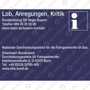 Lob, Anregungen, KritikKundendialog DB Regio BayernTelefon 089 20 35 50 00www.bahn.de/bayern-kontakt