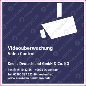 Kamera mit Text:VideoüberwachungVideo ControlKeolis Deutschland GmbH & Co. KGPostfach 10 32 55 - 40023 DüsseldorfTel.: 00800 387 622 46 (Kostenfrei)www.eurobahn.de/datenschutzNur für Einsatz Keolis
