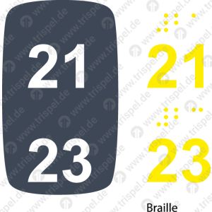 Sitzplatznummer 21 + 23 Braille + Prismenschrift