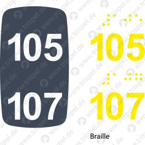 Sitzplatznummer 105 + 107,Braille + Prismenschrift