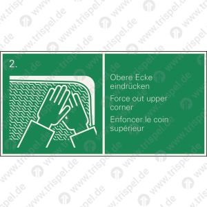 Notausstiegsfenster Obere Ecke eindrücken (mit Händen)3-sprachig D, E, F - langnachleuchtend -