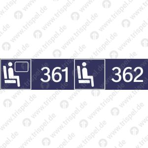 Sitzplatzreservierung 361/362 (vordere Ziffer Fensterplatz - hintere Ziffer Gangplatz) nebeneinander