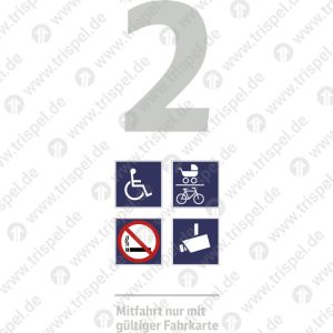 Infofeld 2. Klasse Rollstuhl, Kinderwagen/Fahrrad, Rauchverbot, Kameraüberwacht mit Text Mitfahrt nur mit gültiger Fahrkartez.B. (ET425 Redesign BaWü) + (BR430 )