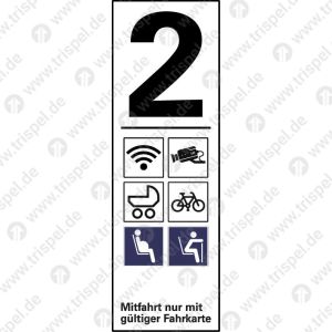 Infofeld 2. Klasse WLAN, Kameraüberwacht, Kinderwagen, Fahrrad, Schwangere, Gehbehinderter mit Text „Mitfahrt nur mit gültiger Fahrkarte“