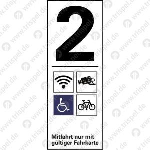 Infofeld 2. Klasse WLAN, Kameraüberwacht, Rollstuhl, Fahrrad mit Text „Mitfahrt nur mit gültiger Fahrkarte“