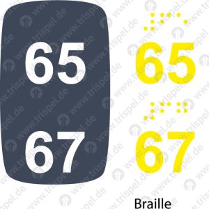 Sitzplatznummer 65 + 67Braille + Prismenschrift