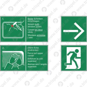 Kombi-Notfallpiktogramm!Scheibe einschlagen / Richtungspfeil rechts / Scheibe einschlagen / Notausgang rechts(langnachleuchtend)für Stadler KISS