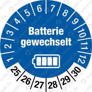 Prüfplakette „Batterie gewechselt“mit Monat 1-12, Jahreszahl 25-30