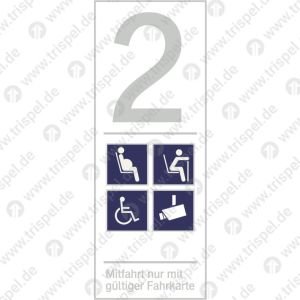 Infofeld 2. Klasse,Schwangere, Alte Menschen, Rollstuhlfahrer, KameraüberwachtMitfahrt nur mit gültiger Fahrkarte