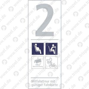 Infofeld 2. Klasse Schwangere, Alte Menschen, Kamera, Kinderwagen/Fahrrad mit Text Mitfahrt nur mit gültiger Fahrkarte - Einsatz VBB