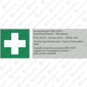 Verbandkasten (DIN 13157) - Brandfluchthaube - Warnweste, 4-sprachig D, E, F, I - mit Erste Hilfe Symbol !