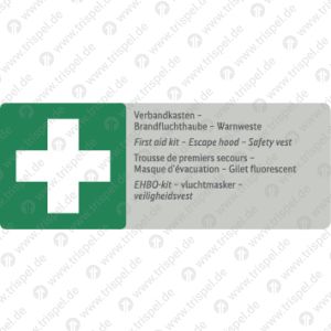 VerbandkastenBrandfluchthaube - Warnweste, 4-sprachig D, E, F, NL - mit Erste Hilfe Symbol !