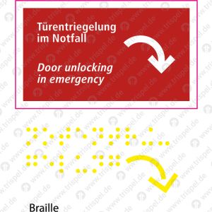 Türentriegelung im Notfall, Pfeil, 2 sprachig, D, E,(lang nachleuchtend) Prismen- u BrailleschriftProjekt: VBB